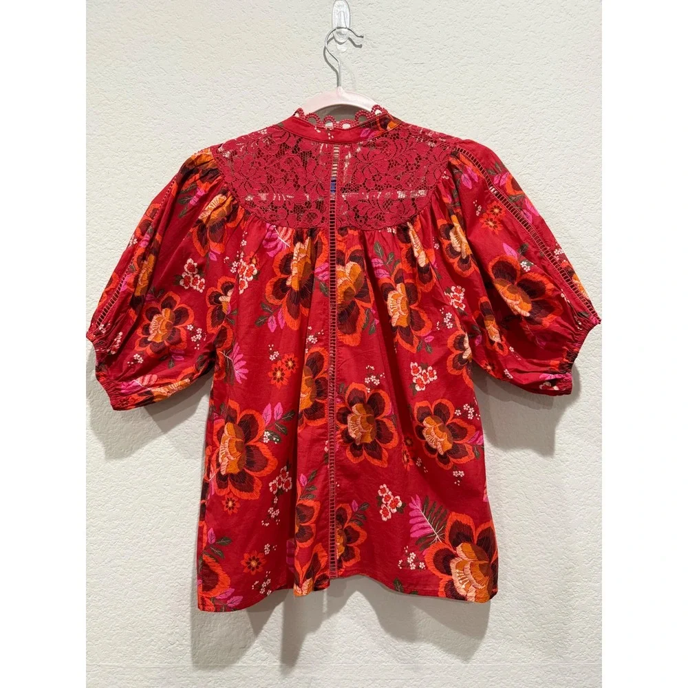 Farm Rio Floral Lace Blouse Red XS Puff Sleeve Button up Boho Lightweight Cotton